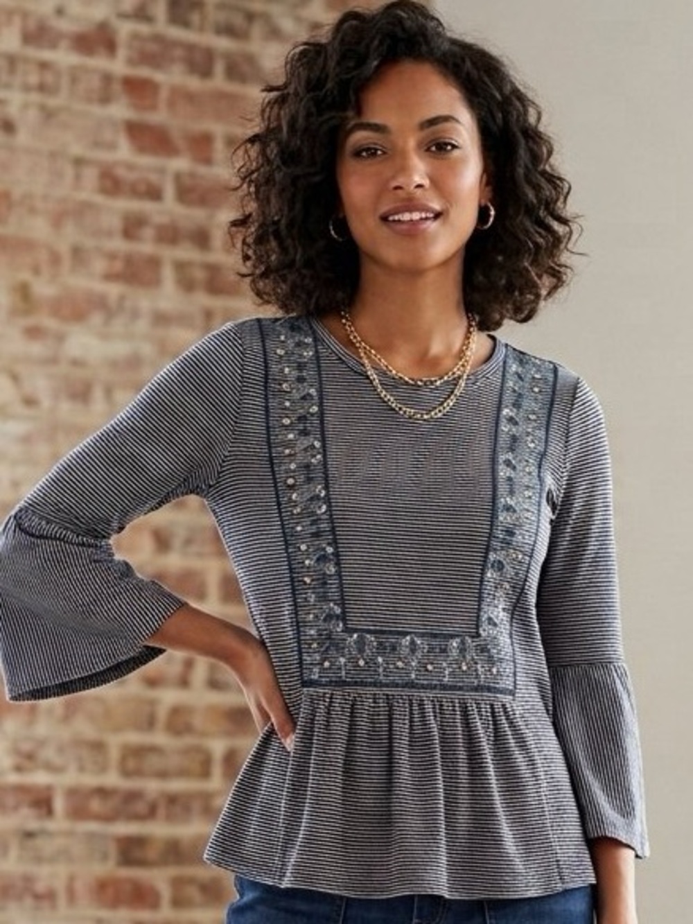 LOFT Navy & White Pinstripe/Embroidered Boho/Peasant Blouse — Size Small